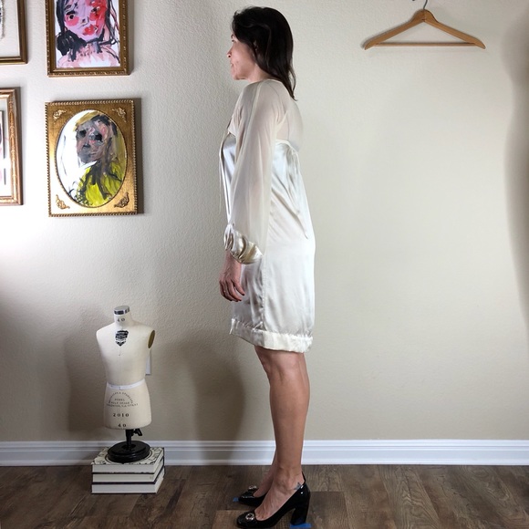 SCOOP NYC Mixed Media Sheer Long Sleeve Silky Peasant Dress - Picture 3 of 11